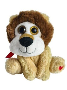 Kellytoy Valentines Lion Plush 7" Big Glitter Eyes Soft Brown Mane Heart Love